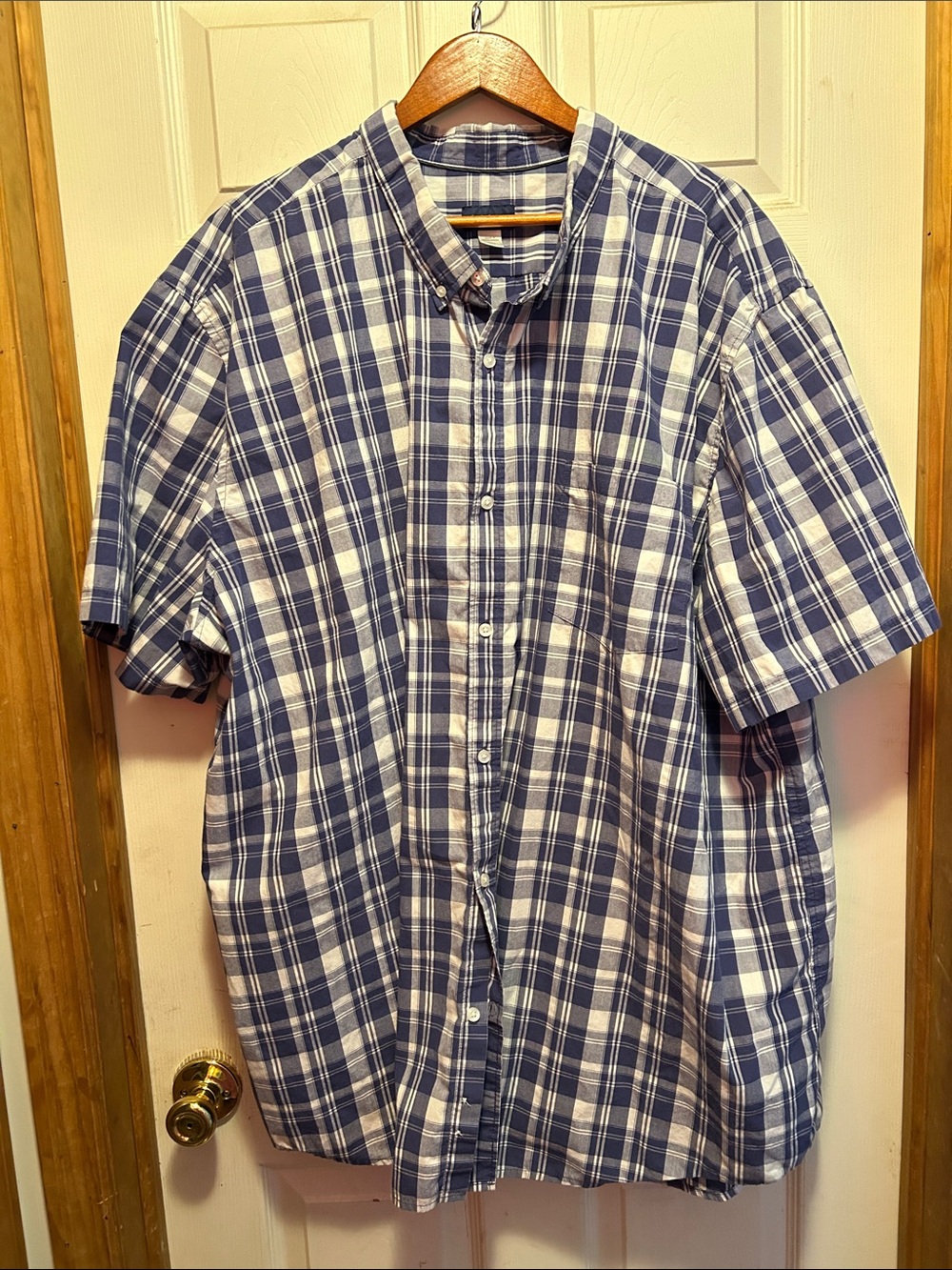 Basic Editions Blue and White Plaid Short-Sleeve Button-Down Shirt
